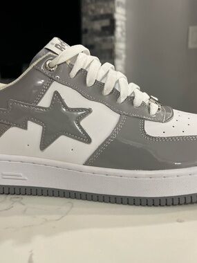 Bape Grey and White Patent Low-Top Sneakers